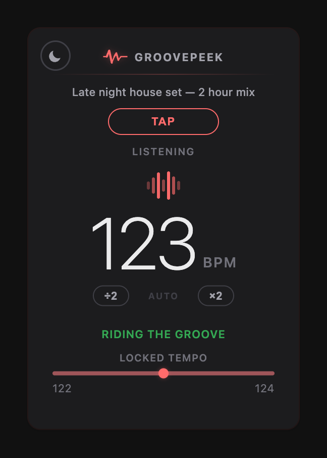 GroovePeek popup showing 123 BPM, a Riding the groove label and a Locked tempo range bar