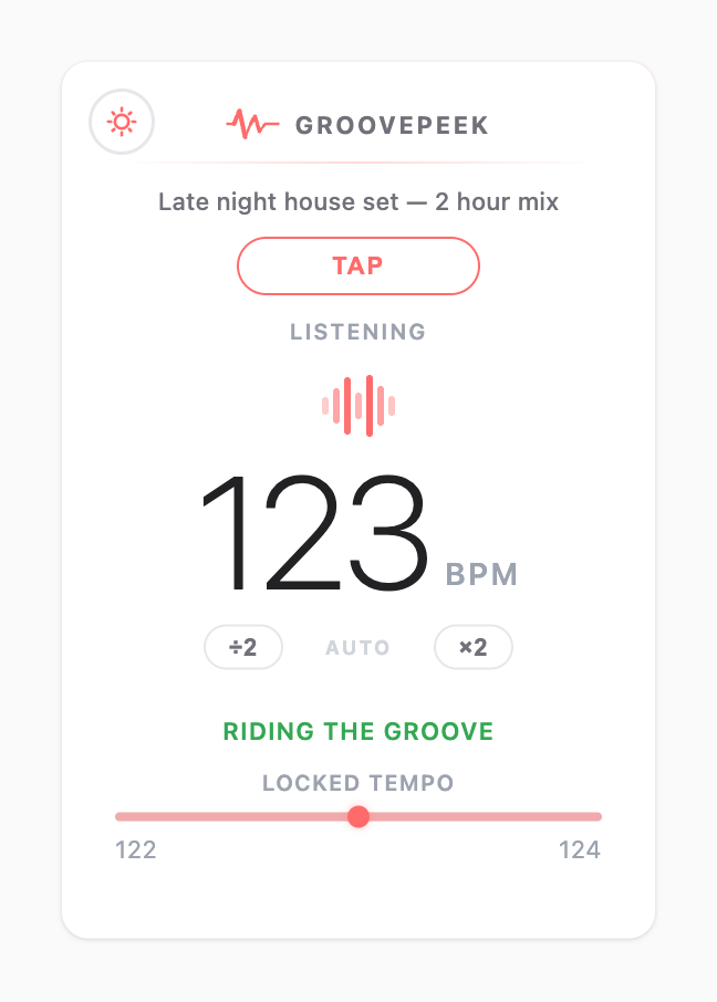 GroovePeek popup in the light theme showing 123 BPM