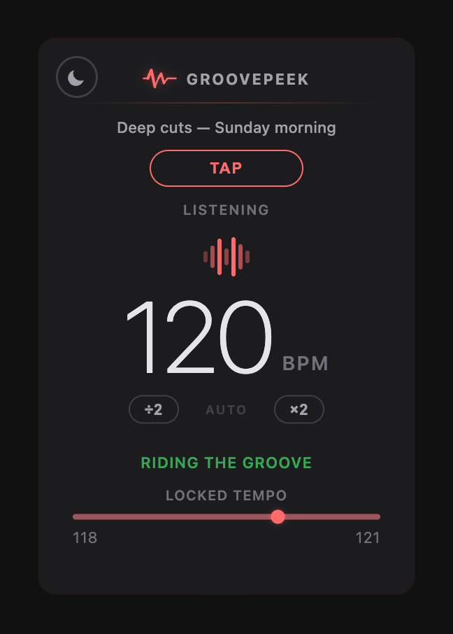 GroovePeek popup showing 120 BPM with a Riding the groove label and a Locked tempo range bar