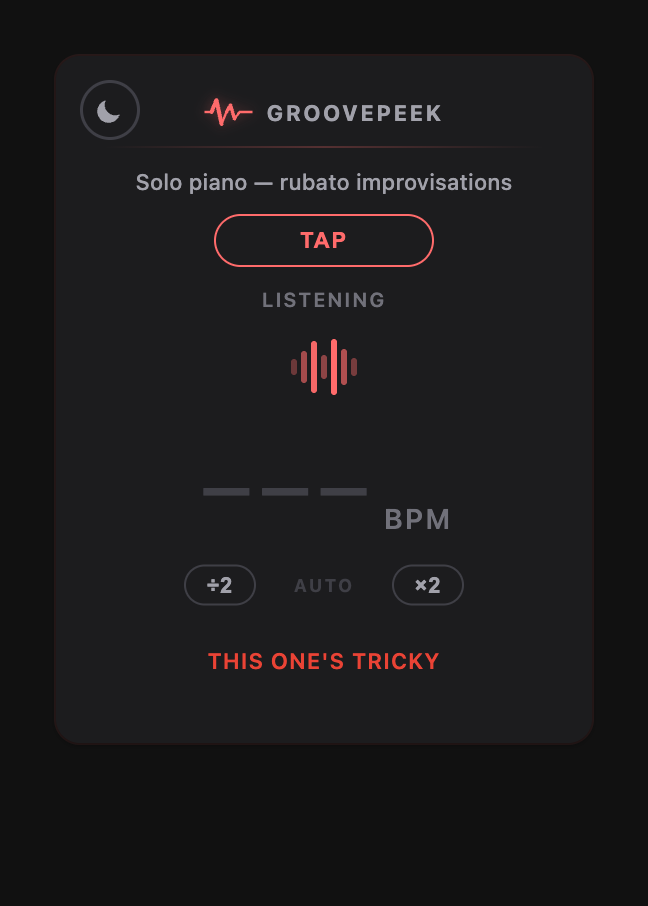 GroovePeek popup showing a dash instead of a BPM value, with a This one's tricky label