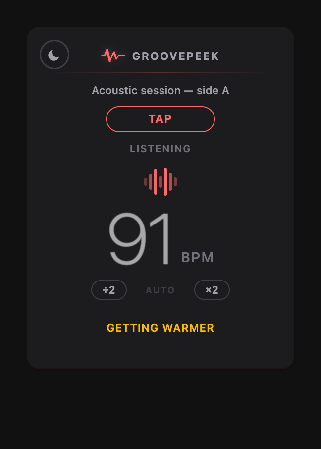 GroovePeek popup showing a faded 91 BPM with a Getting warmer label
