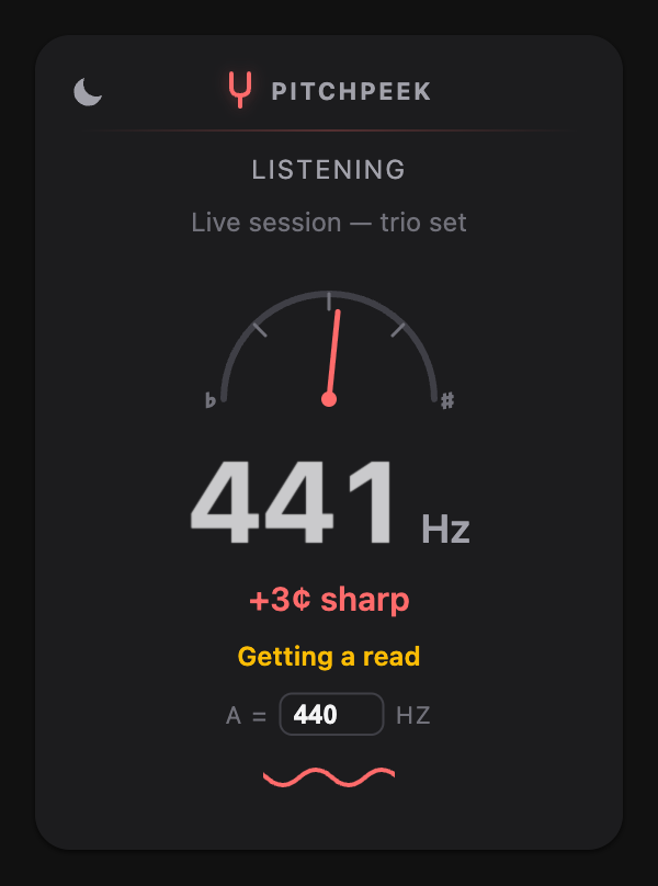 PitchPeek popup showing 440 Hz with a Getting a read label