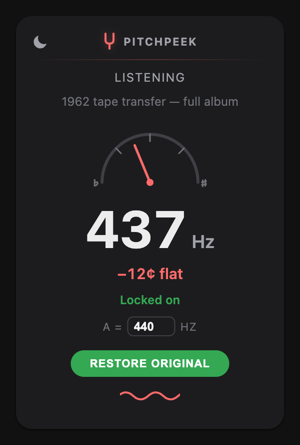 PitchPeek popup showing 437 Hz with the correction applied and a Restore original button