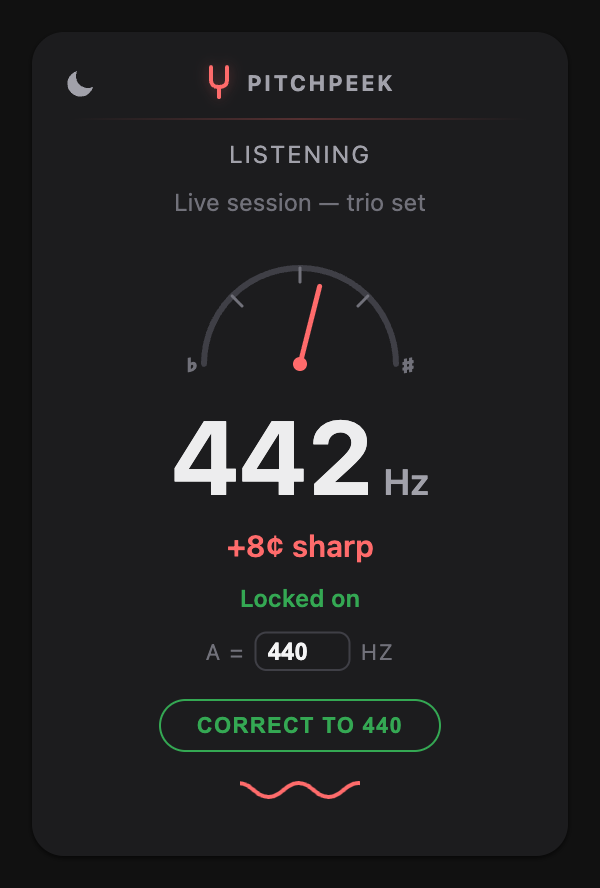 PitchPeek popup showing 442 Hz, plus 8 cents sharp, locked on